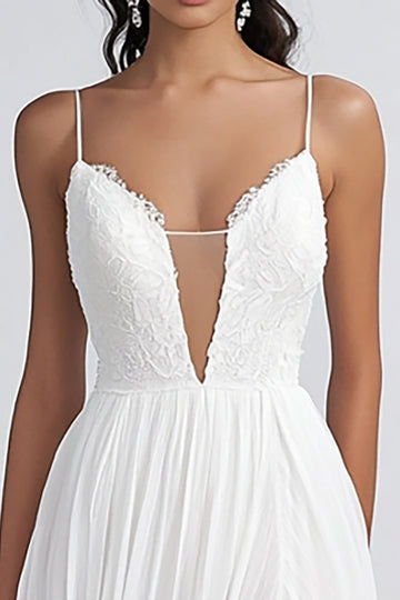 White A Line Chiffon Applique Engagement Dress with Slit